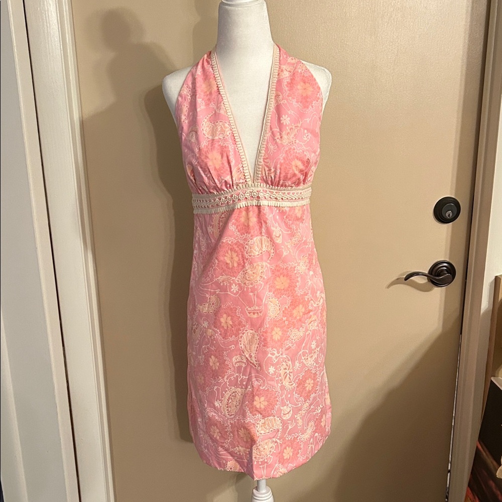 Vintage The Lilly by Lilly Pulitzer Pink/orange Halter Dress with Floral Pattern